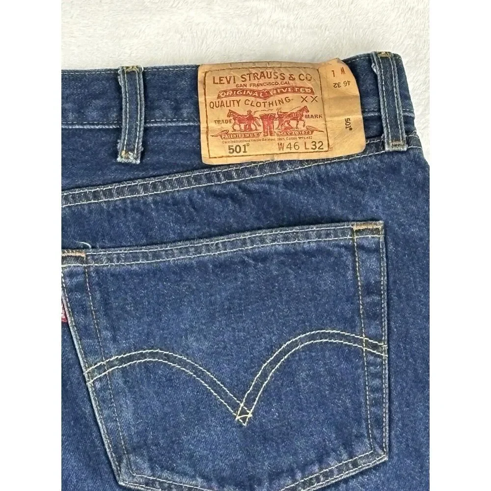 Levi's Mens Jeans 501 Button Fly Blue Denim‎ Jeans Size 46x32 (42x28 Measured)